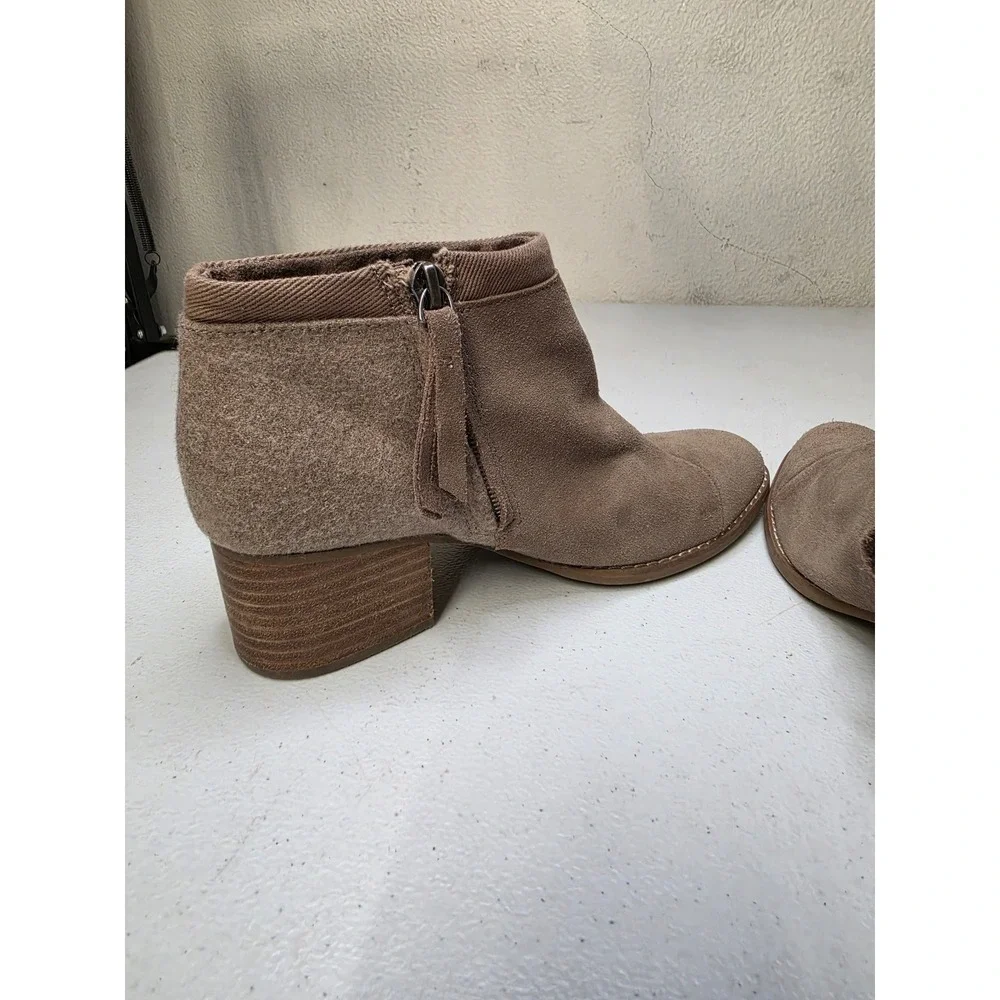 TOMS Deia Taupe Suede Wool Mixed Media Ankle Boots Brown Block Heel Womens 6.5